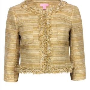 Lilly Pulitzer Pale Yellow & Gold Cropped Tweed Jacket w/ Fringe Sz 2